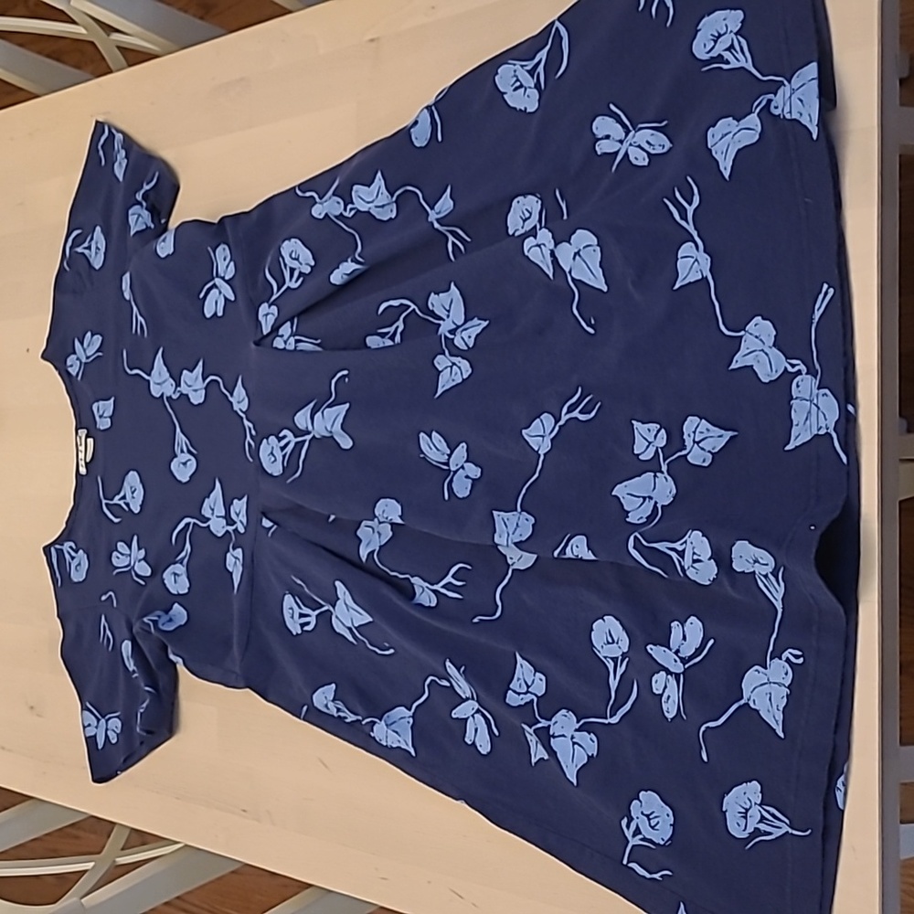 EUC 90s Mai Blue Floral and Butterfly Pleated Short Sleeved Cotton Dress